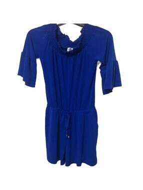 Cupio Vibrant Blue Women's Flirty Feminine Ruffled Neck Drawstring Romper Small
